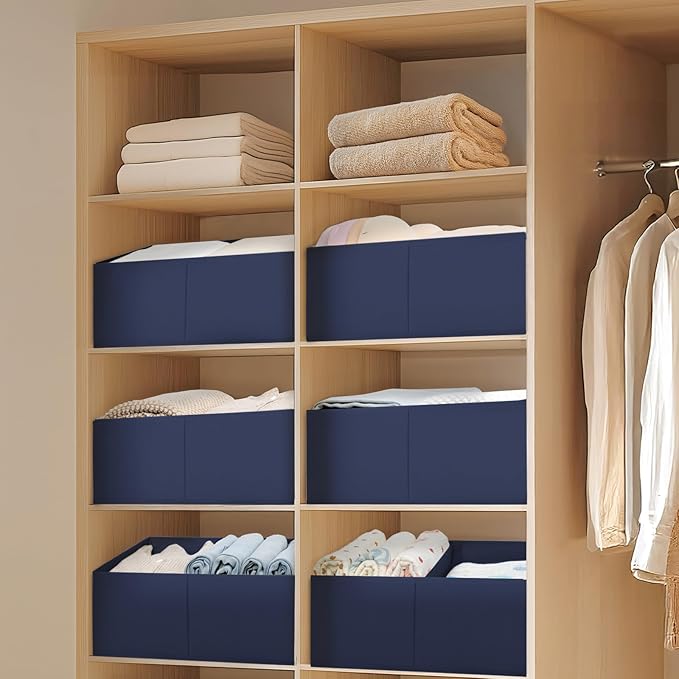DIMJ Large Closet Shelf Organizer Bins 6 Packs with Handles and Divider, Fabric Trapezoid Storage Baskets, Foldable Clothes C