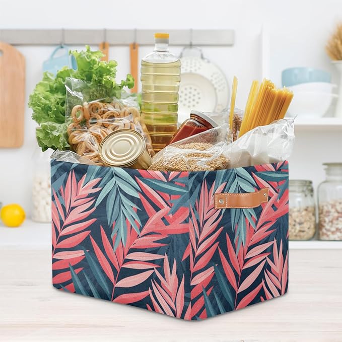 Tropical Palm Leaf Floral Storage Basket Collapsible Cloth Storage Cube Basket Bins Organizer with Handles Rectangular Large 