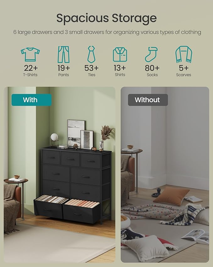 SONGMICS Dresser for Bedroom, Chest of Drawers, Steel, MDF, 9 Non-Woven Fabric Drawers, Storage Organizer Unit, Closet, Entry