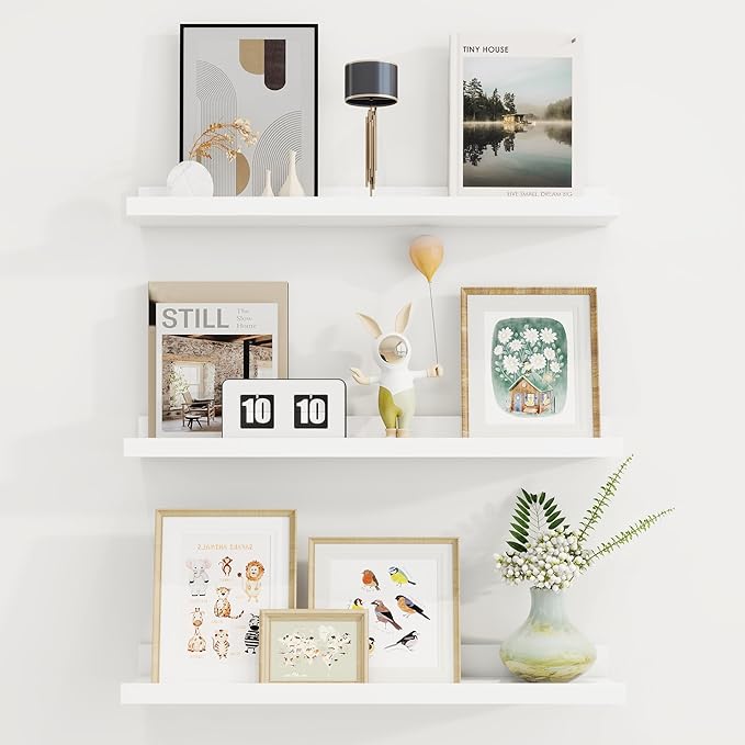 Axeman Picture Ledge Shelf | 24 Inch White Floating Shelves Set of 3 | Rustic Wood Wall Shelves with Lip | 24" White Picture 