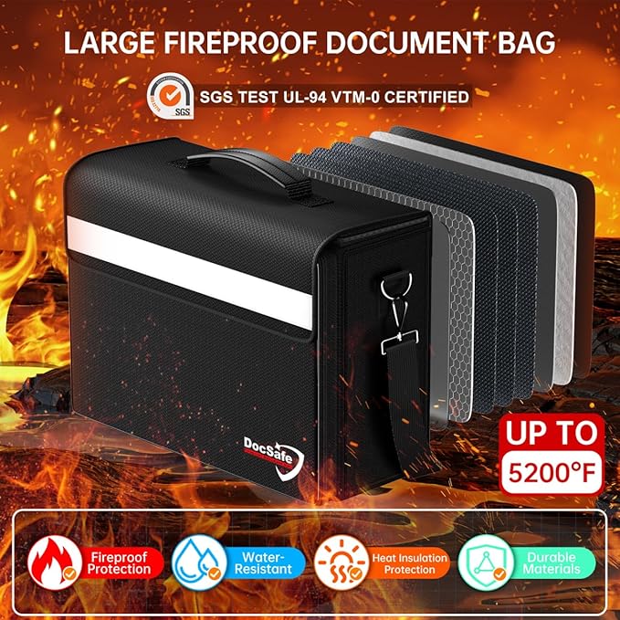 DocSafe Fireproof Document Bag with Multiple Pockets,5200°F Large (17”x12.5”x7.2”) File Organizer Fireproof Waterproof Bag Im