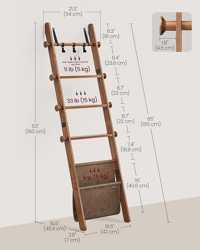 VASAGLE Blanket Ladder for Living Room, 5-Tier Wooden Ladder Shelf, Decorative Farmhouse Blanket Rack with Synthetic Leather 