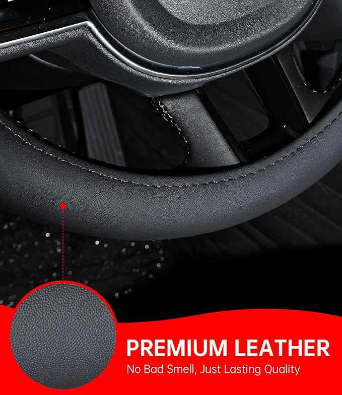 XCBYT Steering Wheel Cover - Red Leather Steering Wheel Wrap Great Grip with 3D Honeycomb Quick and Effortless Installation N