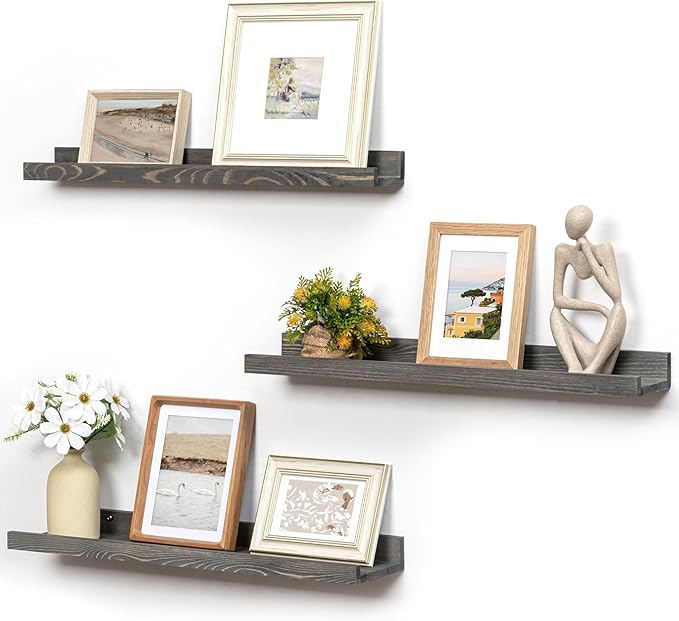 Picture Ledge Wall Shelves - 24 Inch Width Set of 3, Solid Pine Wood Rustic Floating Ledge Shelves for Kids' Room, Bedroom, K