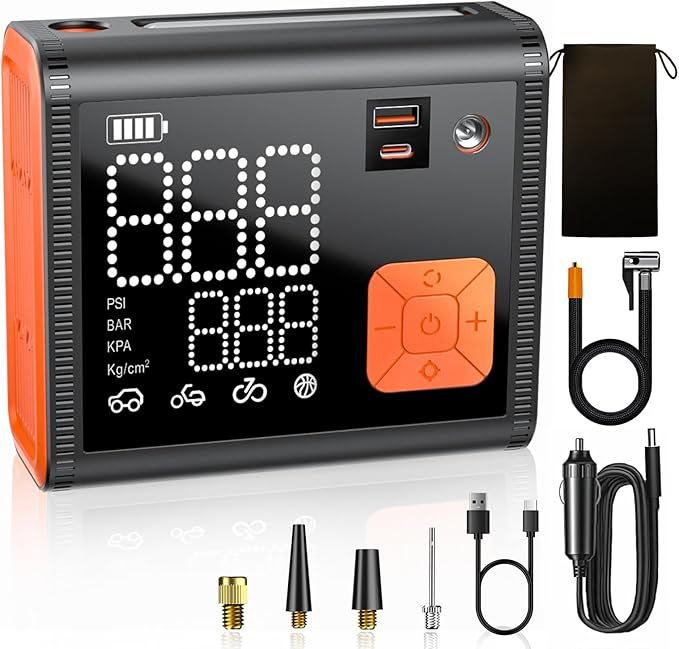 Tire Inflator Portable Air Compressor, 150 PSI Dual Cylinder 3X Faster Portable tire inflator, 28000mAh Dual Power Mode Portable Air Pump for Car Tires, Motorcycle Tires, Bikes Tires, Balls, etc