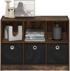 Furinno Basic Book Shelf, 6-Cube Bookshelf with Open Shelf, 3 x 2 Bookcase with Storage Bins, Closed Back, Horizontal, 11.9 x