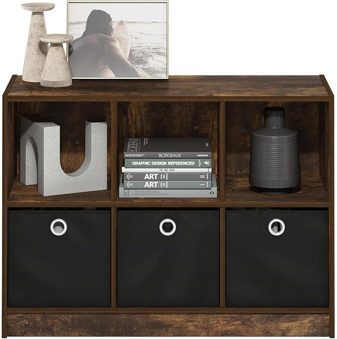 Furinno Basic Book Shelf, 6-Cube Bookshelf with Open Shelf, 3 x 2 Bookcase with Storage Bins, Closed Back, Horizontal, 11.9 x