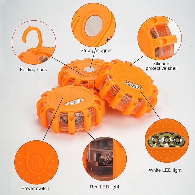 GP906 LED Road Flares Safety Flashing Warning Lights Kit, Magnetic Base & Hook 9 Flash Modes, for Emergency Roadside Safety W