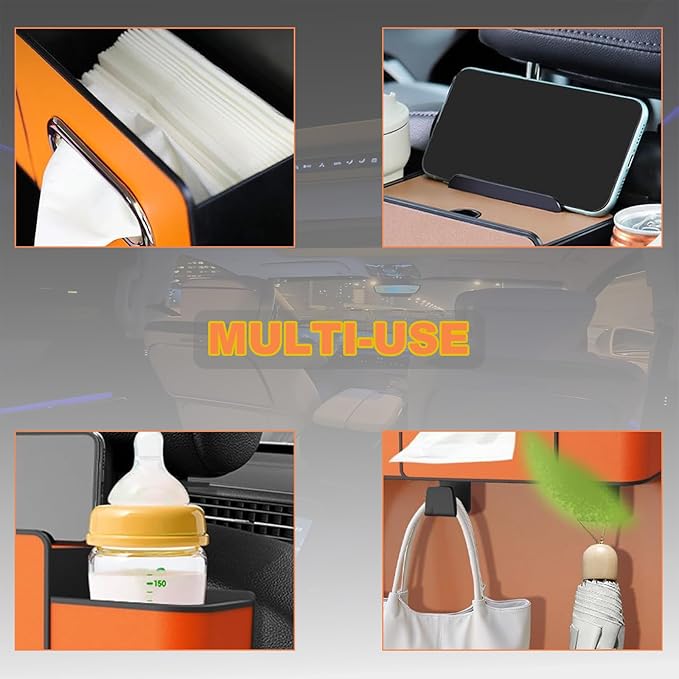 Car Back Seat Organizer, Multifunctional Car Seat Back Storage Box with 2 Cup Holders, Tissue Box for Hold Phones,Snacks, Drinks, Handbags (Brown)