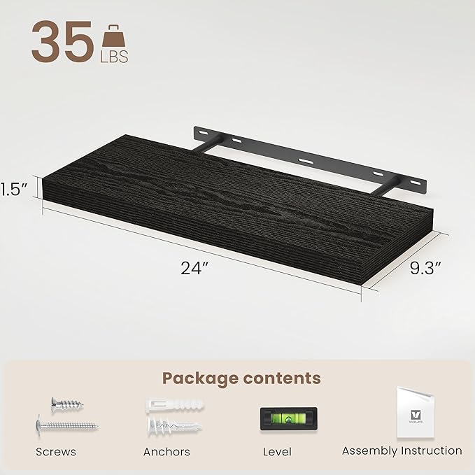 Vivelove Floating Shelves 24 Inch, Black Wall Shelves Over Toilet with Invisible Brackets for Bathroom Living Room Kitchen Be