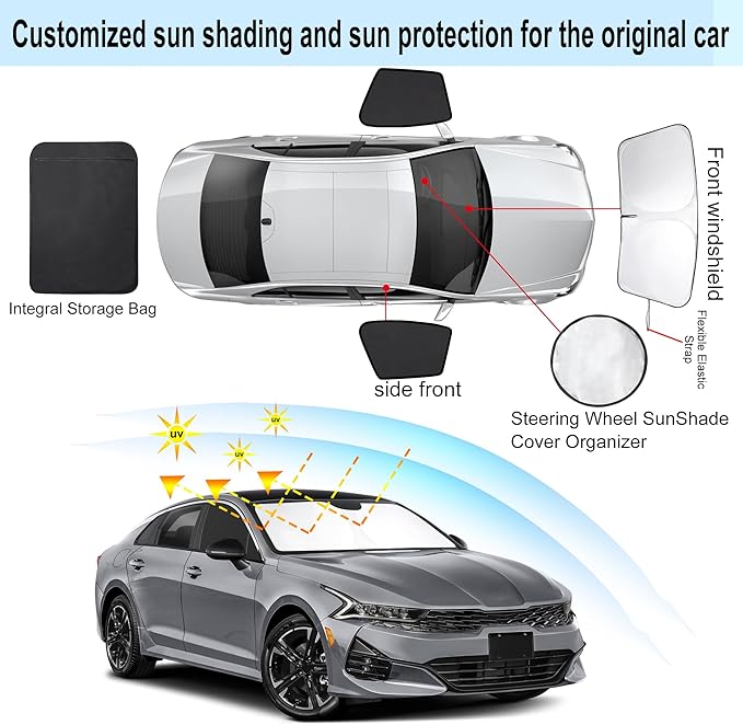 3PCS Car Window Shades Front Windshield Sun Shade Foldable Window Shade Custom Fit for 2021-2024 KIA K5 Accessories Car Shades for Front Windows Anti-UV Rays Block Heat