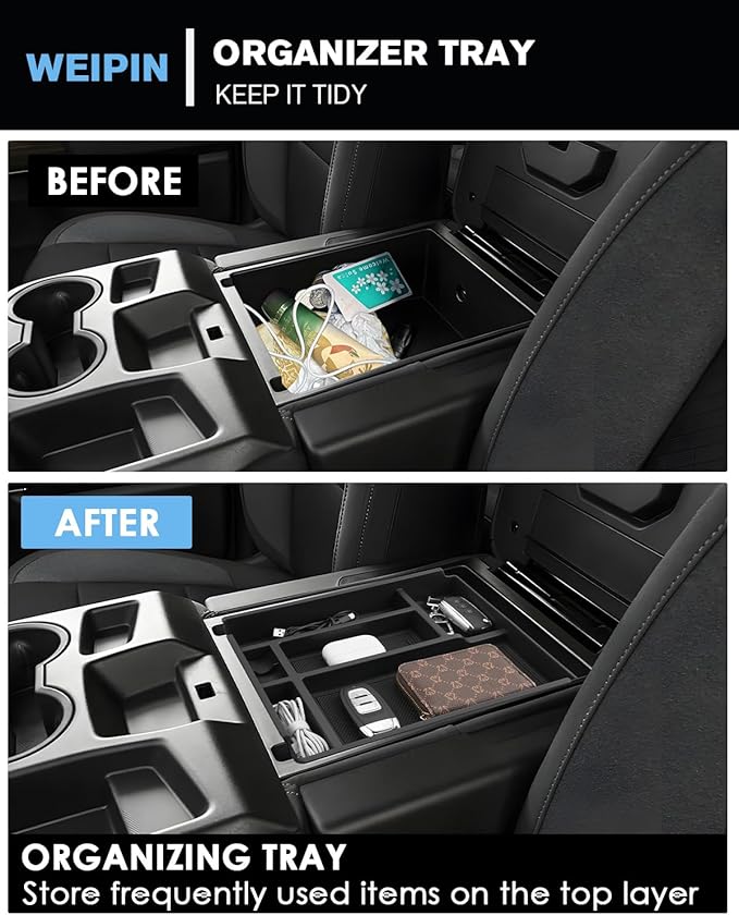 For 2PCS Center Console Tray&Dividers Compatible with 2019-2026 Chevy Silverado 1500& 2020-2026 Silverado 2500HD 3500HD (Split-Bench Folding Seat) Armrest Storage Box Console Organizer ABS Materials