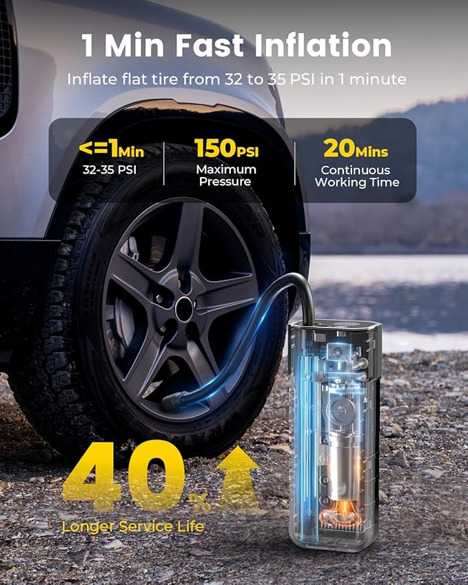 Tire Inflator Portable Air Compressor, 1 Min Fast Inflation Cordless Bike Pump with Digital Pressure Gauge LED Light, 150 PSI Electric Air Pump for Car Tires, Bicycle, Motorcycle, Ball (Black)