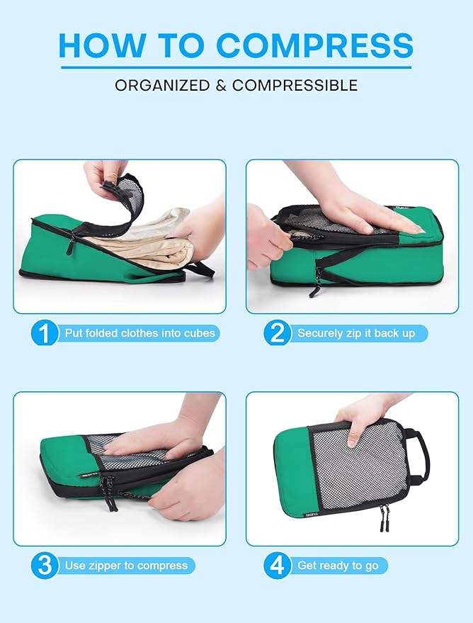 4 PCS Set Compression Packing Cubes for Travel, Lightweight Packaging Organizer Bags for Carry On Space Saving, Travel Essent