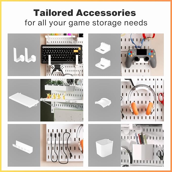 Keepo Peg Board Wall Organizer for Gaming Setup, Pegboard with Adhesives & Screw Mounts, Includes Peg Board Accessories for G