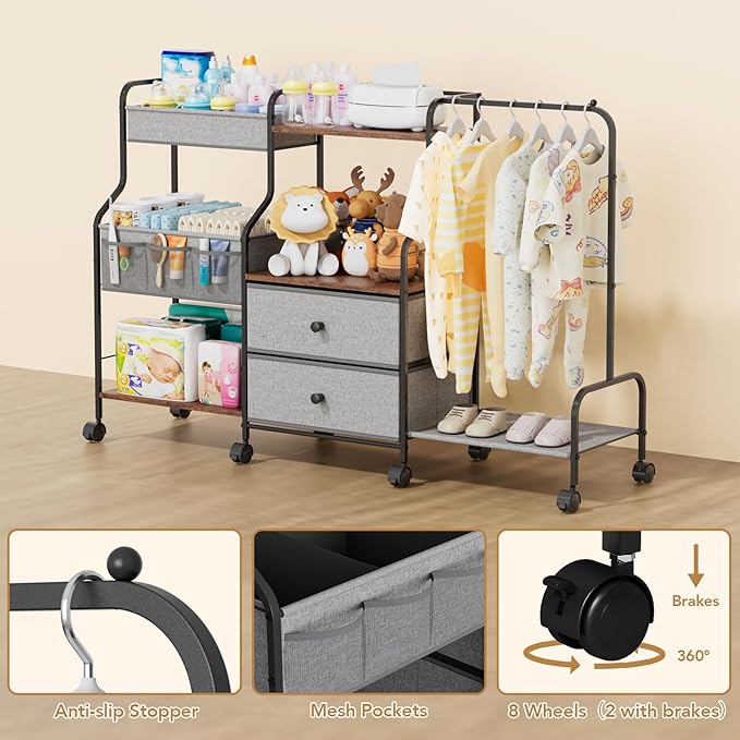 BBLIKE Diaper Caddy Organizer with Hanging Rack - 3 Tier Rolling Utility Cart with Drawers and Dividers for Baby Bottle Stora