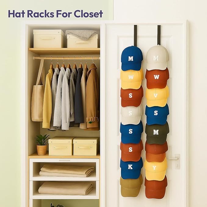 SWTYMIKI Over Door Hat Organizer - 2 Packs Metal Wall Mounted Hat Rack with 16 Hooks Design, Hanging Baseball Cap Organizer S