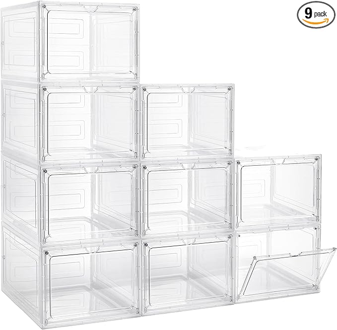 LXLXXL Storage Bins with Lids, 9 Pack Plastic Storage Containers with Magnetic Door, 19 Qt Stackable Clear Storage Box for Ho
