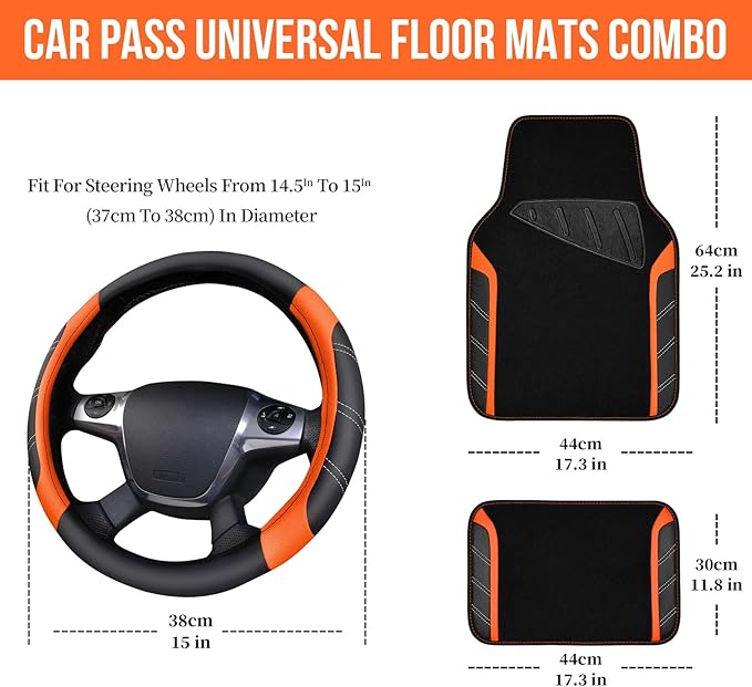 CAR PASS Leather Steering Wheel Cover and Waterproof Car Floor Mats,Microfiber Universal Car Combo Fit for 95% Sedan SUV Van 