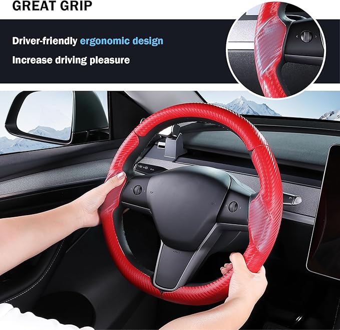 Steering Wheel Cover for Tesla Model 3 (2017-2023) / Model Y (2020-2024),Anti-Slip,Comfortable Grip, Breathable,Customized for Tesla Model 3/Y Accessories,Matte Red
