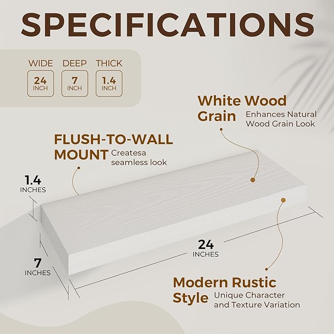 Dreamland 24 Inch Long Floating Shelves in White,6.7 Inch Deep Floating Shelf for Wall,Large Display & Storage Shelf, Wall Sh