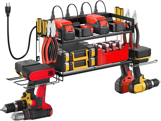 Garage Tool Organizer with Charging Station & Power Strip - 4 Drill Holder Wall Mount Rack, Heavy Duty Metal Shelf for Worksh