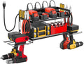Garage Tool Organizer with Charging Station & Power Strip - 4 Drill Holder Wall Mount Rack, Heavy Duty Metal Shelf for Worksh