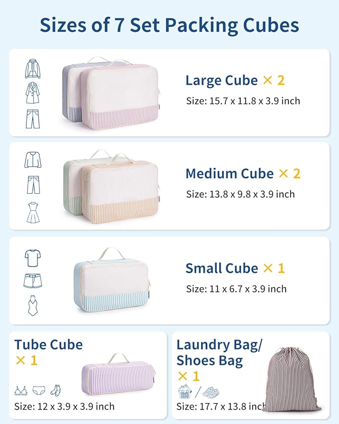 Narwey 7 Set Striped Packing Cubes for Travel Carry on Suitcase Luggage Organizer Bags for Kids Women Men, Durable Packing Or