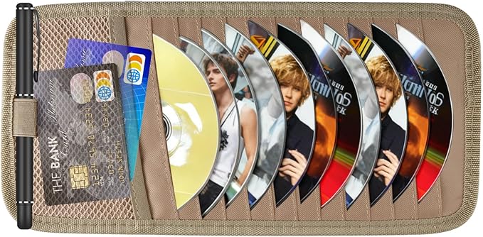 Sun Visor CD Holder, 12-Capacity Car Visor Organizer with DVD Sleeves and Mesh Pocket, Universal Visor Storage for Vehicle CD Case and Pen Holder Ergonomic Design (Khaki 1 Pcs)