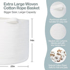 MEGASKET White Cotton Rope Storage Basket, 22" X 22" X 14" Extra Large Blanket Storage Living Room, XL Soft Toy Bin for Organ