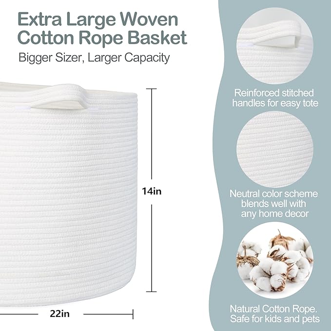 MEGASKET White Cotton Rope Storage Basket, 22" X 22" X 14" Extra Large Blanket Storage Living Room, XL Soft Toy Bin for Organ