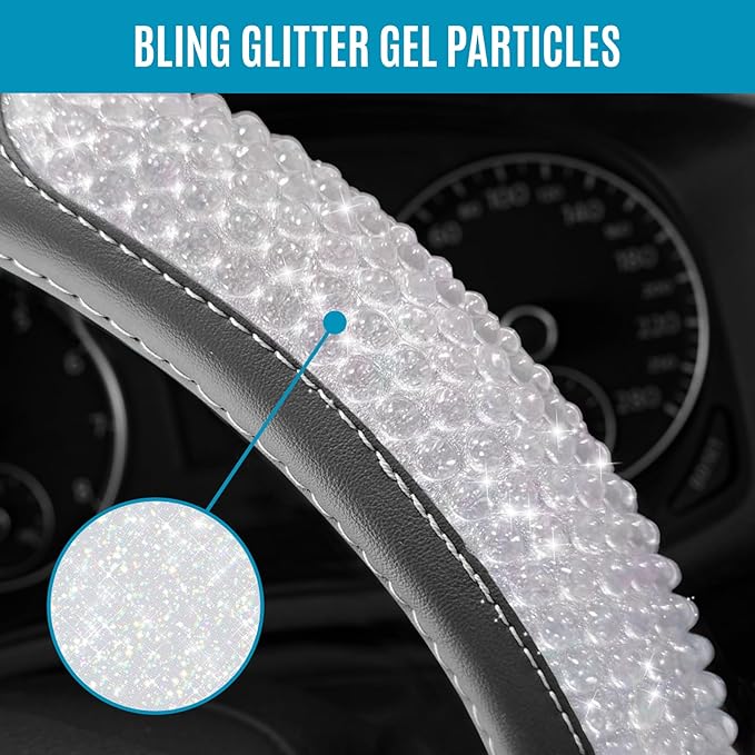 PIC AUTO Steering Wheel Cover, Glitter Gel Particles & Blue Luxury Leather Car Steering Cover, Universal Fit 14.5"-15.5" Anti