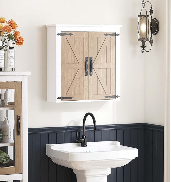 Spirich Bathroom Wall Cabinet Over Toilet, Farmhouse Wall Mounted Medicine Cabinet Organizer with Wood Grain Barn Doors and A