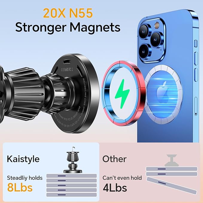 Kaistyle for MagSafe Car Mount Charger【Stronger Magnets】iPhone Magnetic Wireless Car Charger【Dashboard+Vent】 for Magsafe Charger Cell Phone Car Mount for iPhone 17 Pro Max 16 15 14 13 12 Magsafe case