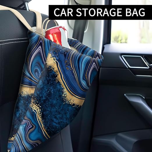 Car Trash Can, Cute Car Trash Bag, Hanging Car Organizer and Storage Bag, Trash Bin for Car Accessories, Vehicle, Travelling, Camping Luxury Blue Marble