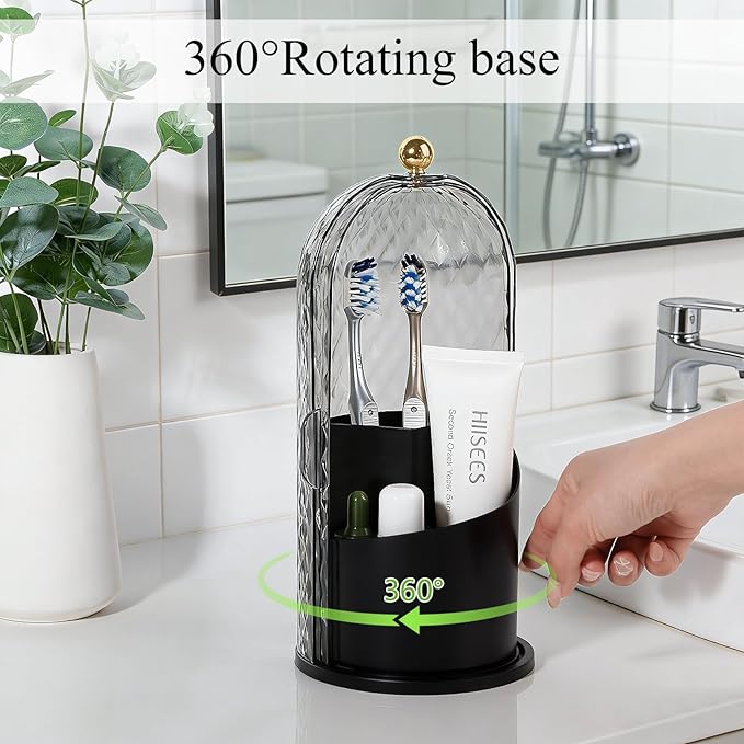 Toothbrush Holder with Cover for Bathroom Countertop, Rotating Organizer for Electric Tooth Brush and Toothpaste, 3-Slot Make