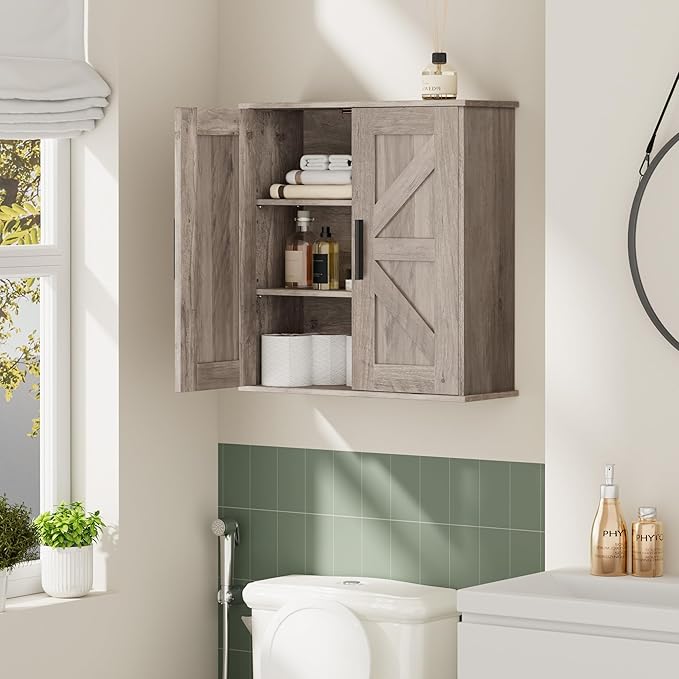 Homleke Bathroom Wall Cabinet, Over Toilet Storage Cabinet with Barn Doors and Adjustable Shelves, 3-Tier Medicine Cabinet Wa