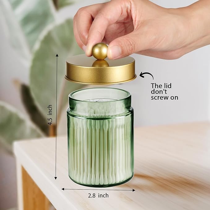 Amolliar Sage Green Apothecary Glass Jar With Metal Lid & Stickers, Bathroom Qtip Holder Storage Canister, Farmhouse Decor fo