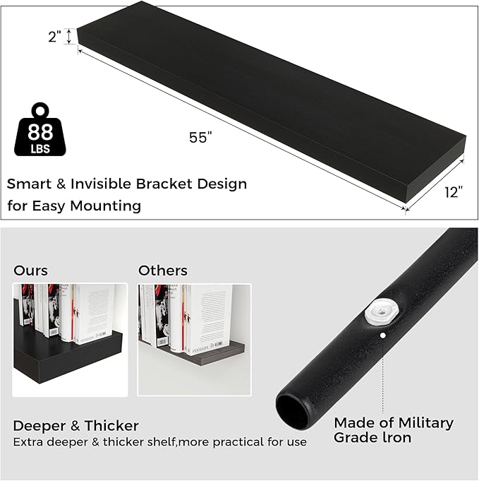 Floating Shelves for Wall, 55 Inch Wide x 12 Inch Deep Floating Shelves, Long Wood Floating Wall Shelf Shelves for Living Roo