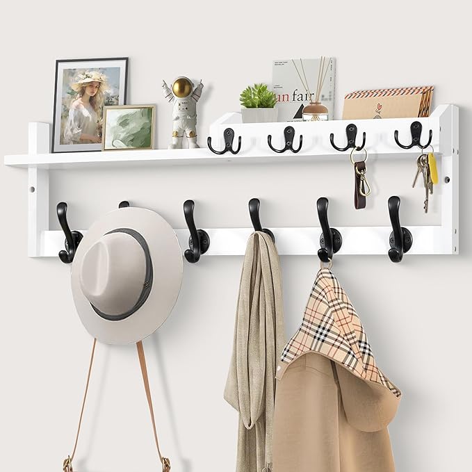 Coat Rack Wall Mount with Shelf, 27.5" Entryway Wall Hanging Shelf, Coat and Key Hanger with 10 Dual Hooks, Mail Organizer an