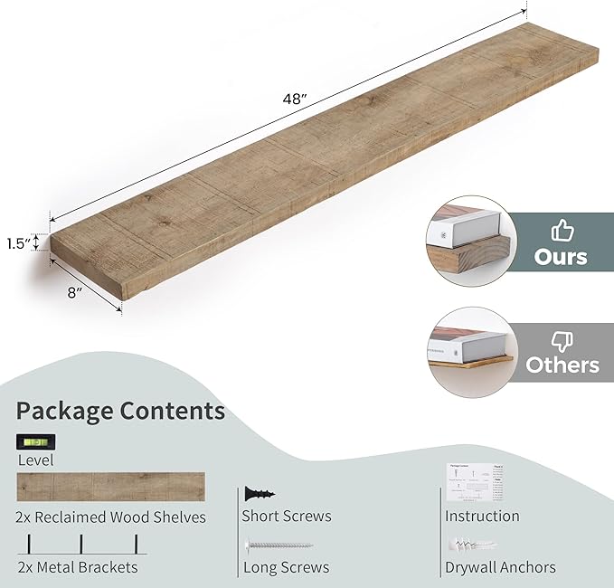 Floating Shelves | 8" Deep Rustic Reclaimed Barnwood Wall Hanging Shelves with Invisible Heavy-Duty Metal Bracket | Wall Moun