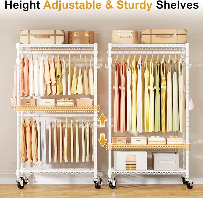 ULIFHOME P1 Rolling Clothes Rack Heavy Duty, Metal Closet Clothing Rack with Lockable Wheels, Portable Wardrobe Closet for Ha