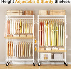 ULIFHOME P1 Rolling Clothes Rack Heavy Duty, Metal Closet Clothing Rack with Lockable Wheels, Portable Wardrobe Closet for Ha
