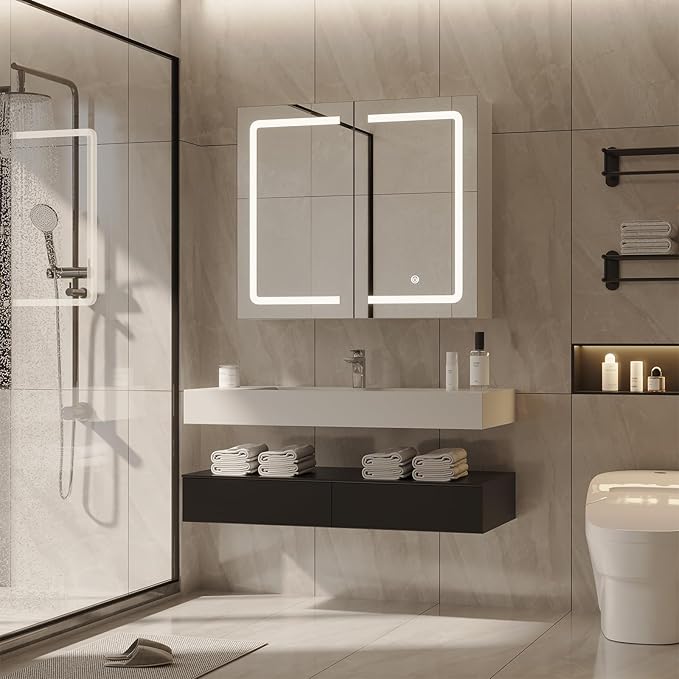 DICTAC Bathroom Medicine Cabinet with Mirrors and Led Lights 27.6x23.62 inch Double Doors Wall Mounted Mirror Cabinet with St