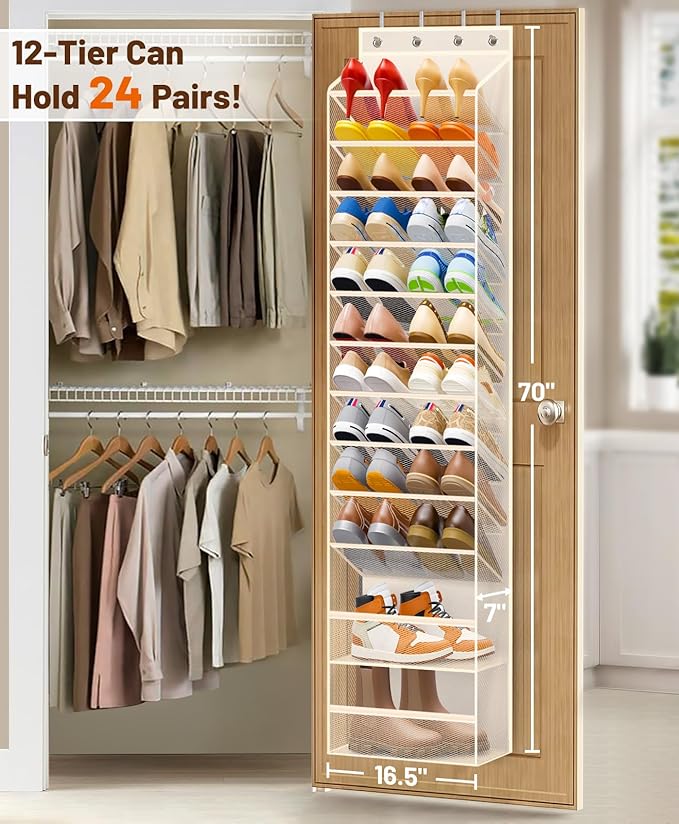 MISSLO 12 Tier Over the Door Shoe Organizer Breathable Mesh Hanging Shoe Rack for Closet Storage Shoe Holder for Door Fit 24 