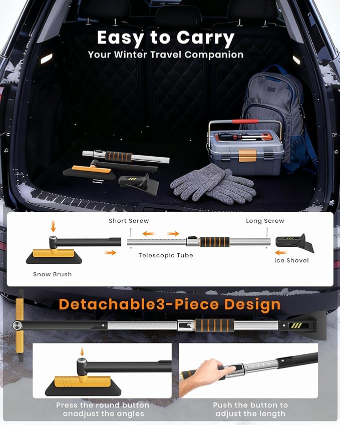 helloleiboo 43.7" Extendable Ice Scrapers for Car Windshield for 12 Adjustable Length Settings with Foam Grip and 360° Pivoting Brush Head Detachable Snow Brush for Truck SUV(Orange)