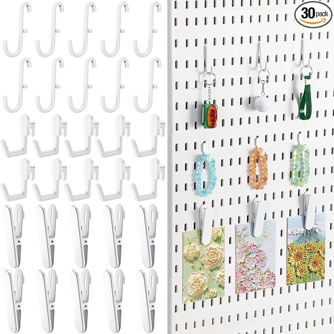 Kathfly 30pcs Pegboard Accessories 10 Clips 20 Hooks, Peg Board Accessory Kit for Wall Organizer Compatible with IKEA Skadis 