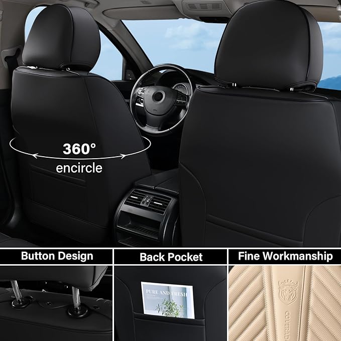 Coverado Car Seat Covers Full Set, Faux Leather Seat Covers for Car, Luxury Automotive Seat Covers Waterproof Car Seat Protec