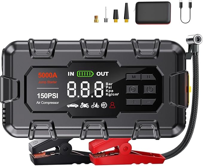 Jump Starter 5000A, Car Battery Jump Starter with Air Compressor for Up to 9.0L Gas and 8.0L Diesel Engine, 12V Jump