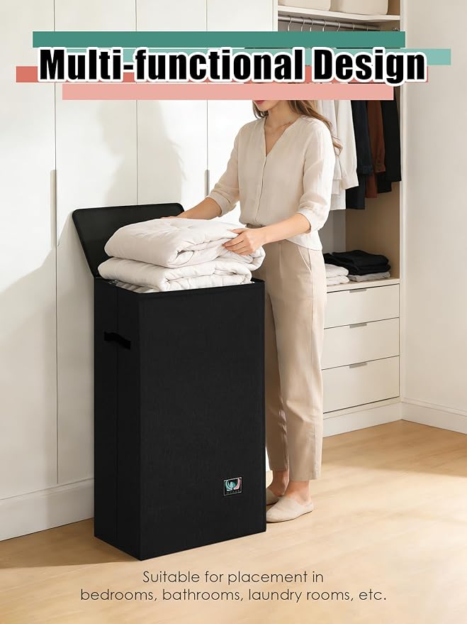 WTREE Laundry Hamper with Lid, Reinforced Sturdy Clothes Hamper with Anti-Puncture Base, Large Collapsible Laundry Basket wit